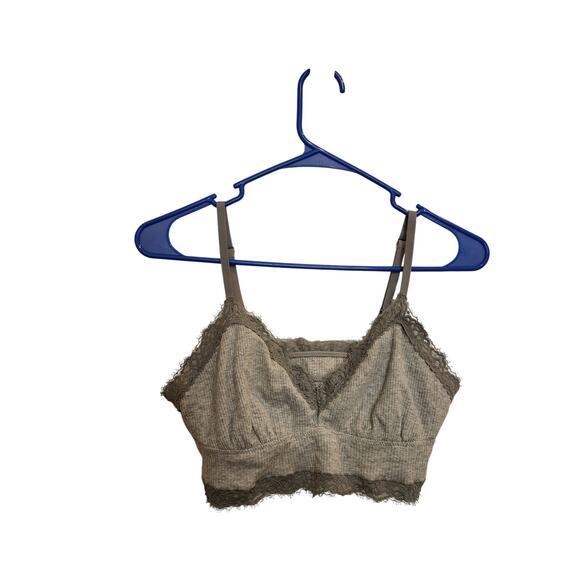 Aerie Gray V-Neck Cotton Ribbed Eyelash Lace Trim Longline Bralette Size Medium - Picture 1 of 5